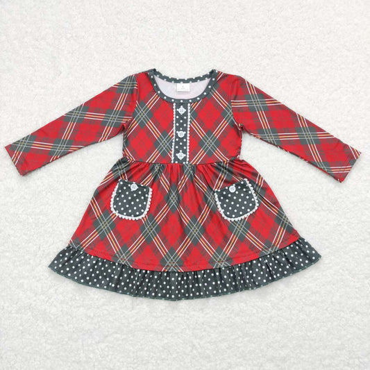 GLD0424 Red green diamonds pocket long sleeve girls dress