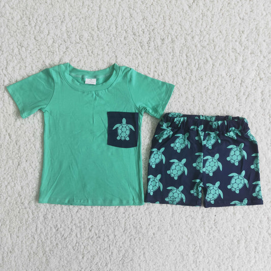 C9-4 green tortoise pocket short sleeve shorts boys set