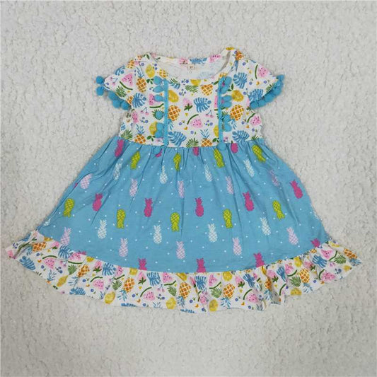 C9-9 watermelon pineapple fruit short sleeve blue girls Summer dress