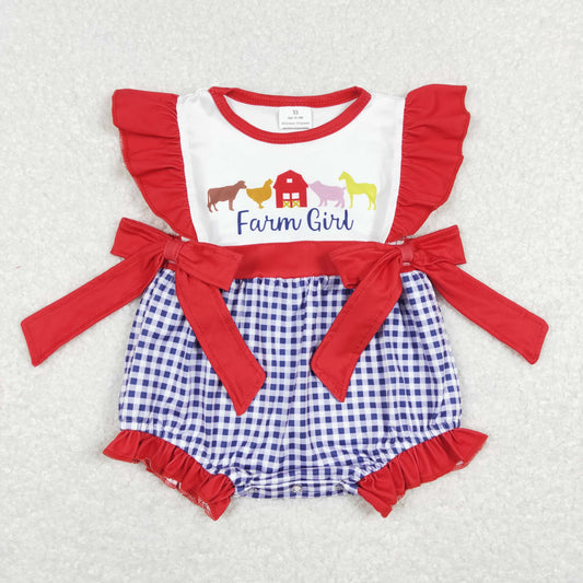 SR0696 Farm girl house horse pig animals checkered red flutter sleeve girl romper