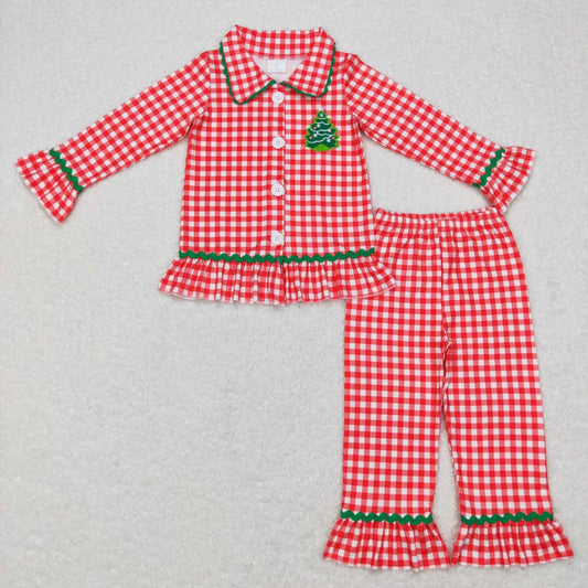 GLP0854 Christmas tree red striped plaid long sleeve girls pajamas
