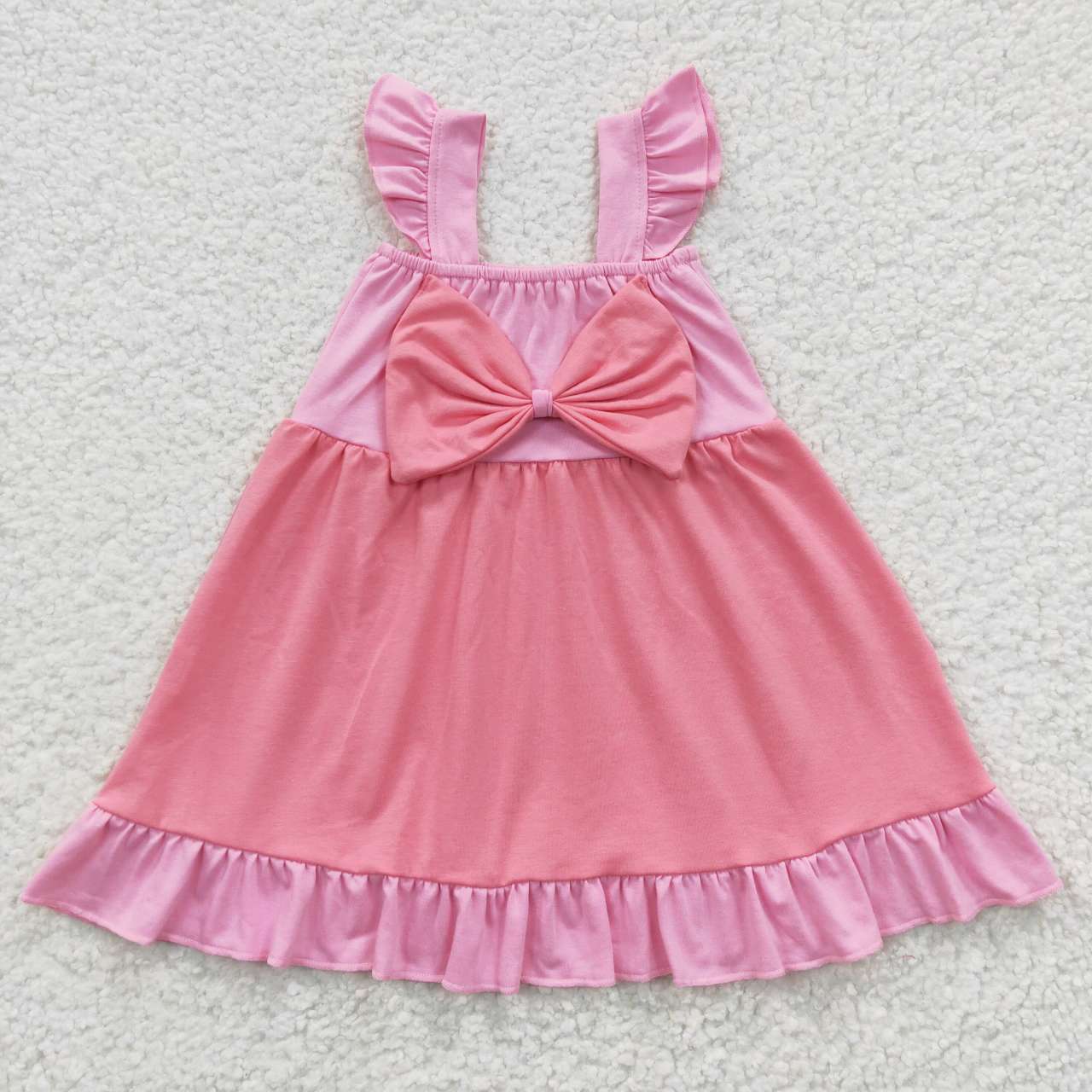 GSD0340 Flutter Sleeve Cartoon Pink Bowknot Baby Kids Summer Dress