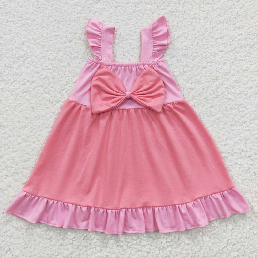 GSD0340 Flutter Sleeve Cartoon Pink Bowknot Baby Kids Summer Dress