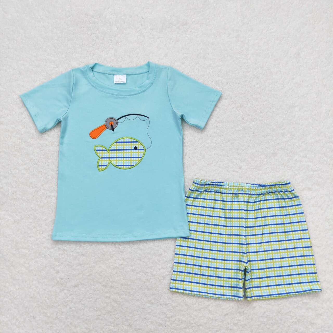 BSSO0798 embroidery fishing blue short sleeve striped shorts boys set