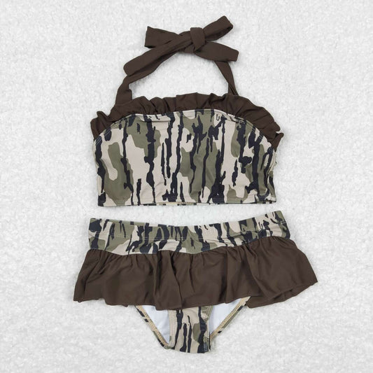 S0193 Green Ruffles Camo sleeveless girls swimsuits set