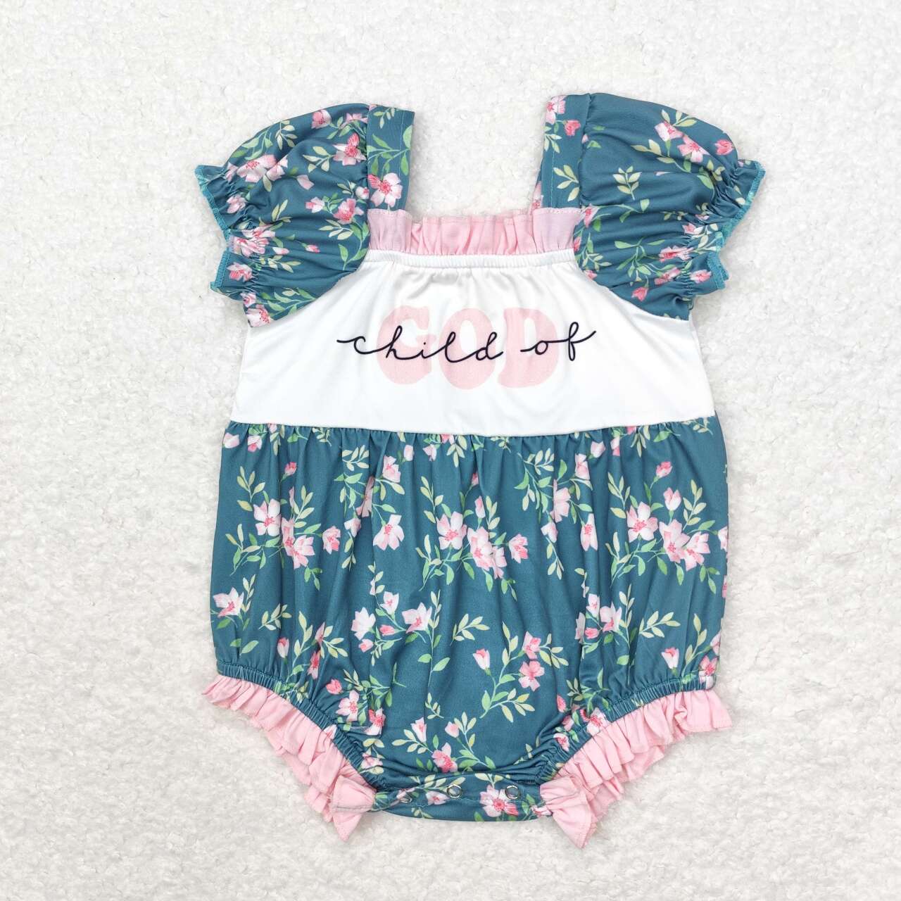 SR1940 GOD green flowers short sleeve girls romper