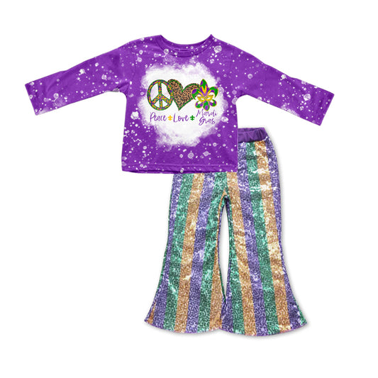 GLP0844 peace love Mardi Gras purple long sleeve top colorful sequin pants girls set