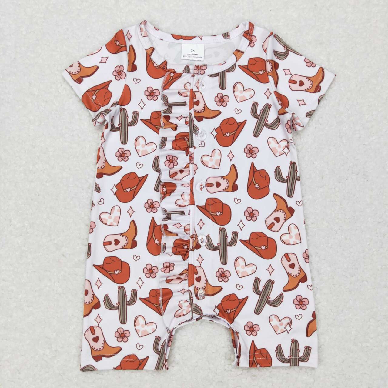 SR0522 Western hat cactus boot ruffles short sleeve girls romper