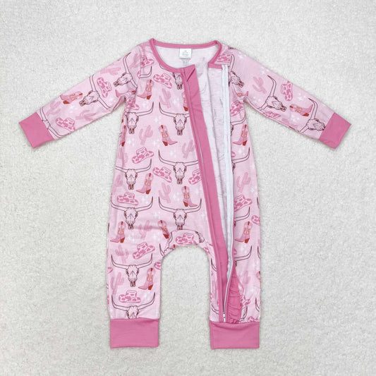 LR0689 bamboo Western cow boot pink long sleeve girls romper