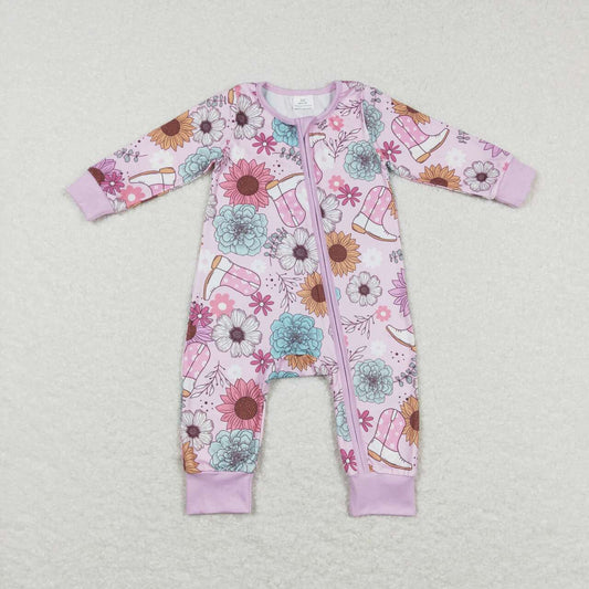 USA SHOP LR0801 Western boot flowers pink long sleeve girls romper