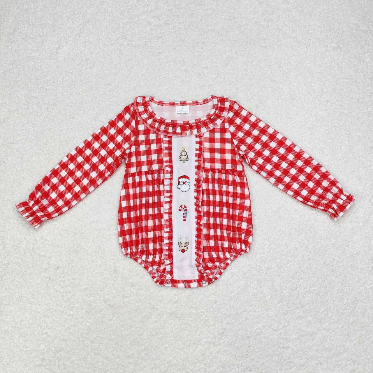 embroidery LR1302 Christmas Santa tree red checkered long sleeve girls romper