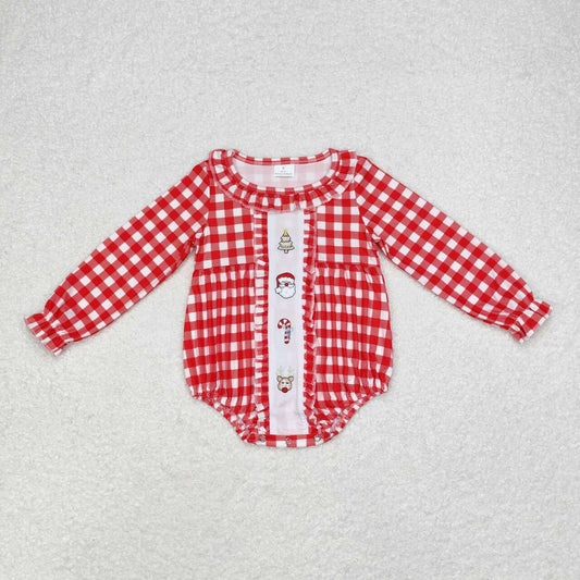 embroidery LR1302 Christmas Santa tree red checkered long sleeve girls romper