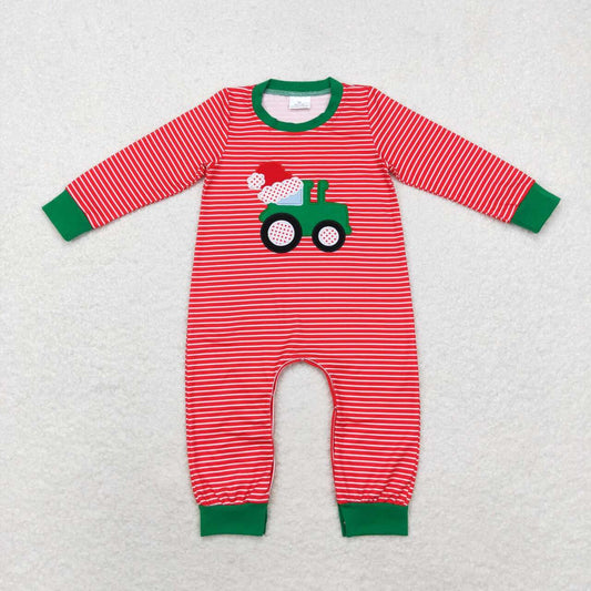 LR1401 embroidery Christmas hat truck red striped long sleeve boys romper