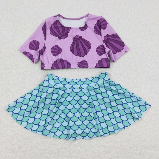 S0222 Princess Mermaid Purple Shell Flutter Sleeve Blue Cartoon Bathing Suits Swimsuits