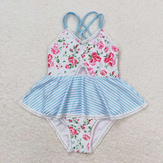 S0248 Hot pink flowers blue girls swimsuits