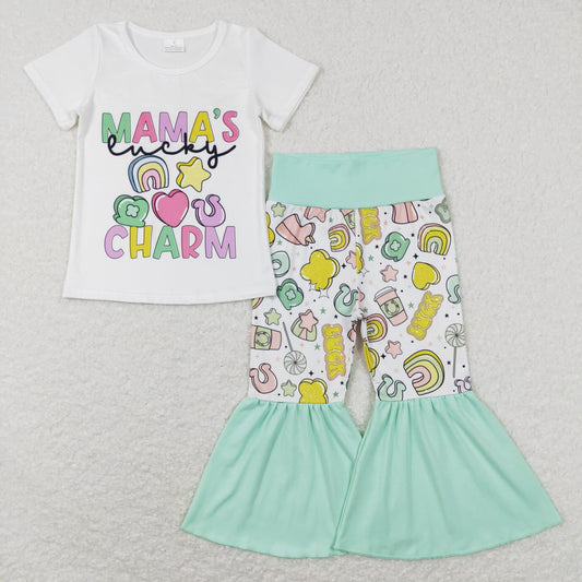 GSPO1047 Mamas charm rainbow short sleeve green cartoon pants girls set