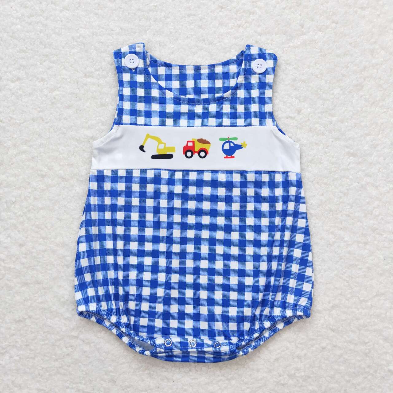 SR1011 Construction Truck Blue Checkered Sleeveless Boys Romper
