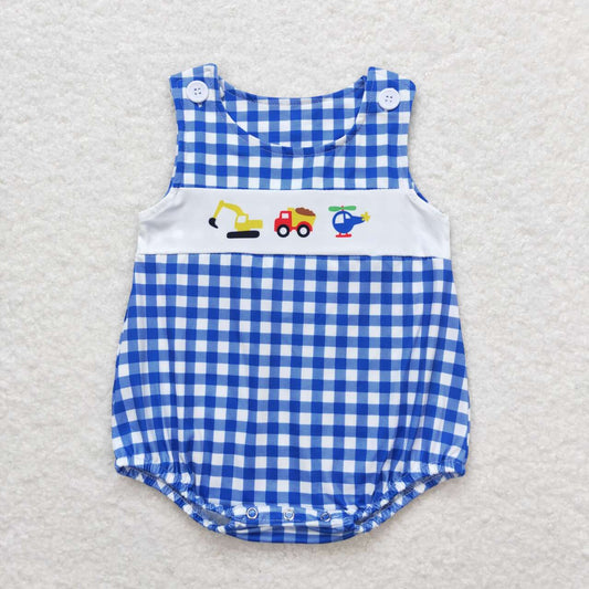 SR1011 Construction Truck Blue Checkered Sleeveless Boys Romper