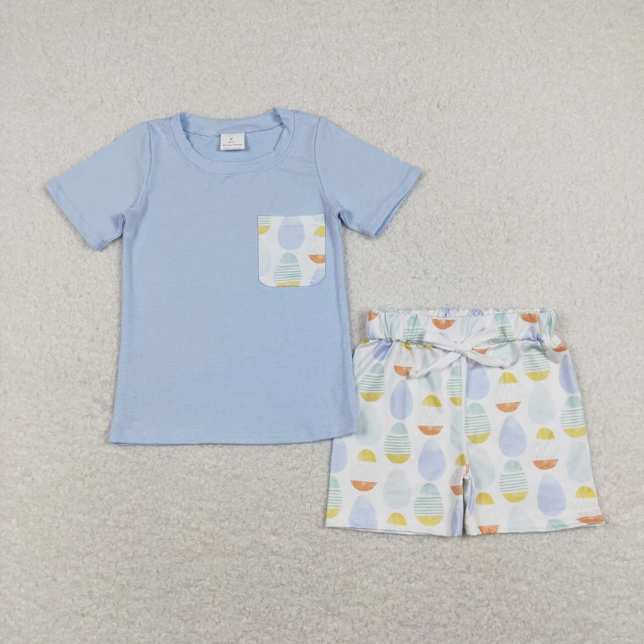 BSSO0525 Easter colorful egg blue pocket short sleeve shorts boys set