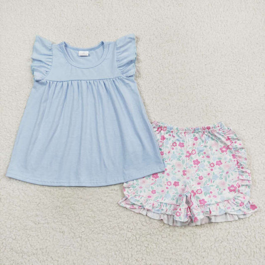 GSSO1056 light blue flutter sleeve top multi color flowers shorts girls Summer floral set