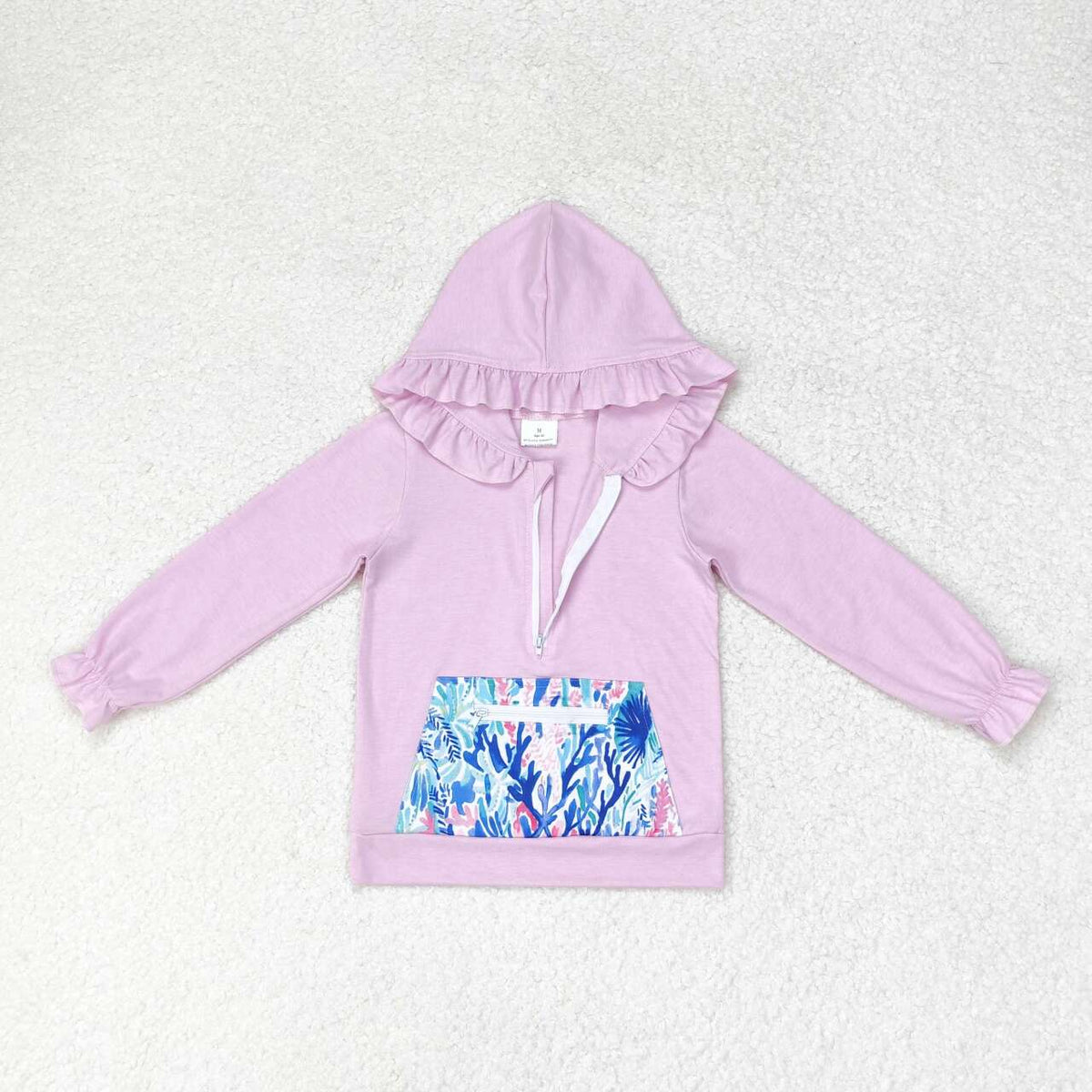 GT0625 colorful print pocket hot pink long sleeve girls hoodie top