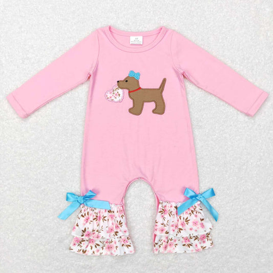 LR0789 Valentine's Day heart dog pink long sleeve girls romper