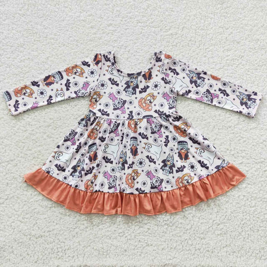 GLD0216 Halloween Cartoon Dogs Flowers Long Sleeves Girls Dress