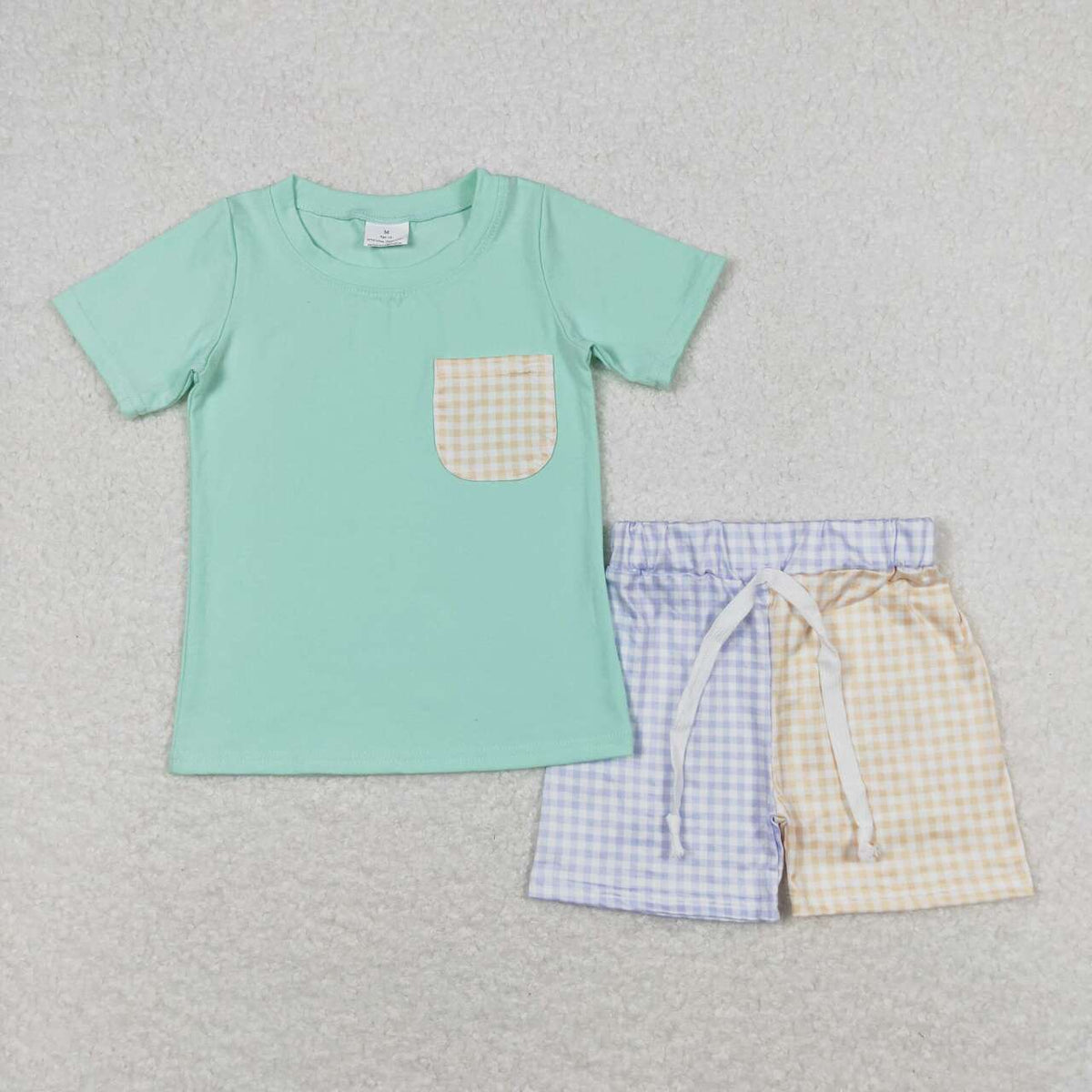 BSSO0680 Cyan pocket short sleeve blue yellow checkered shorts boys set
