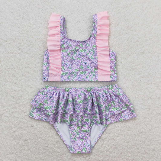S0332 multi color flowers pink ruffles short sleeve 2pcs girls swimsuits