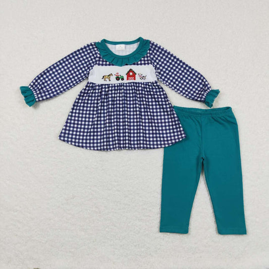 GLP0885 Farm house horse tractor checkered long sleeve green pants girls set