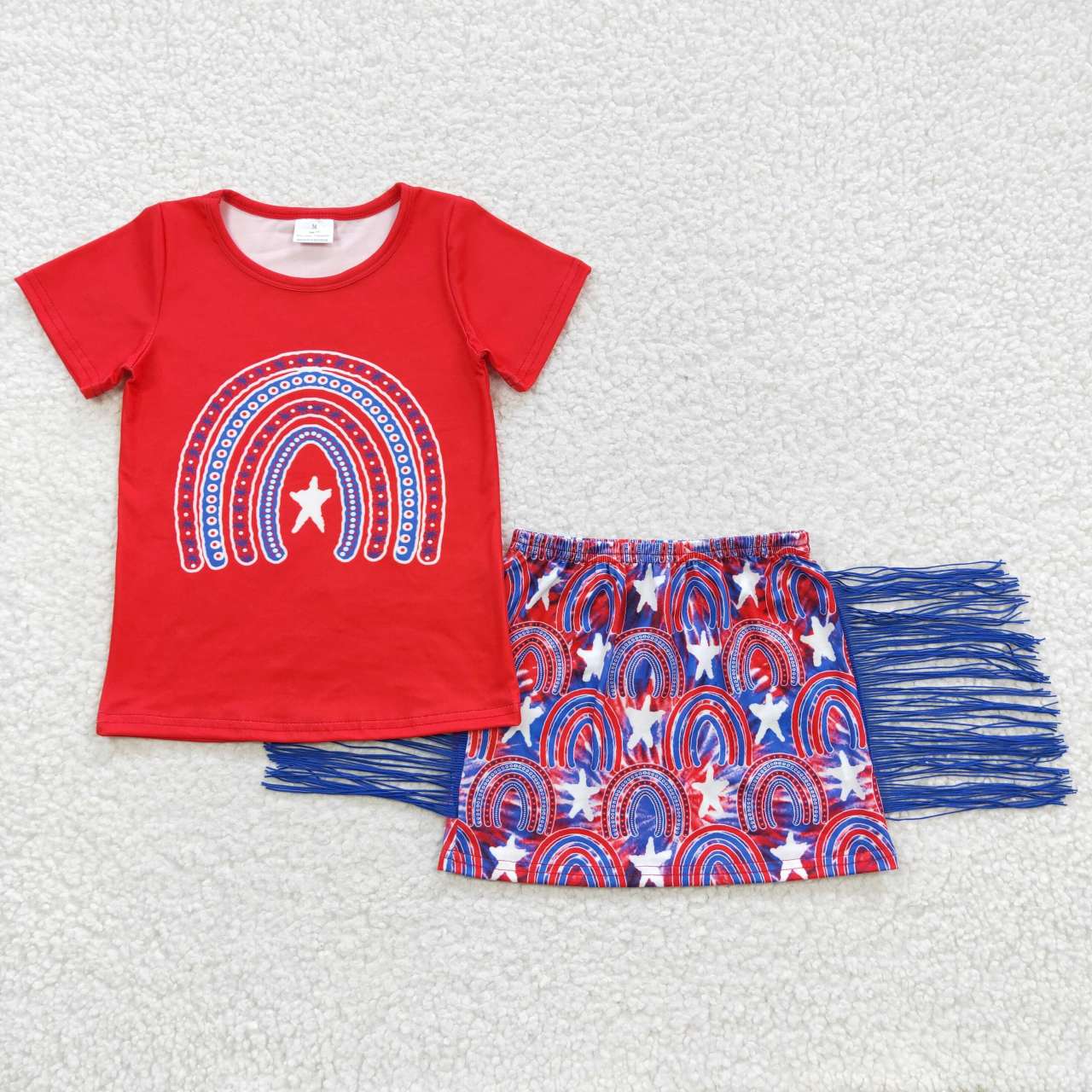 GSD0338 4th Of July Rainbow Red Short Sleeve Blue Tassels Skirt Girls Dress Set