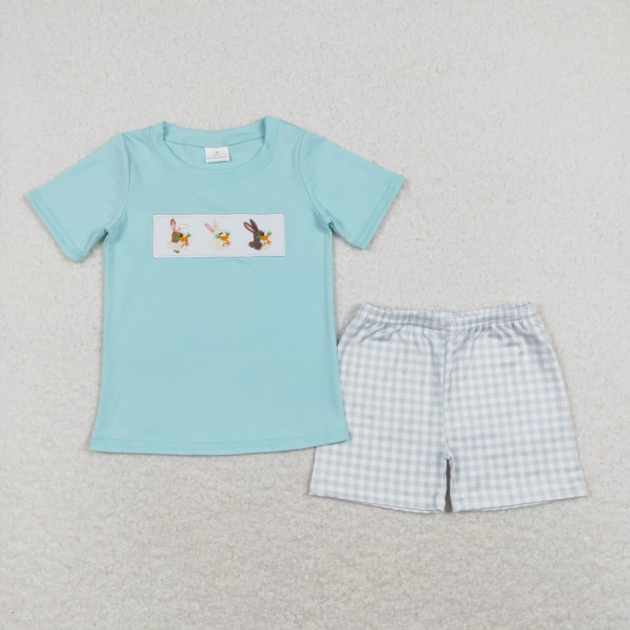 BSSO0414 Embroidery Easter carrot rabbit green short sleeve checkered shorts boys set