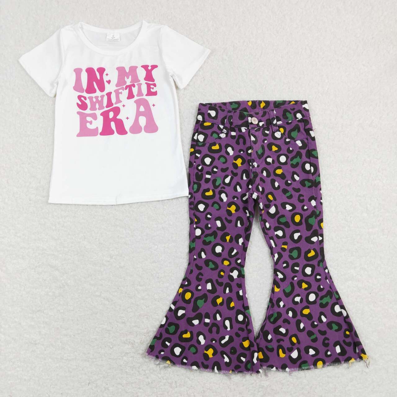 GSPO1398 In My White Short Sleeve Purple Leopard Denim Pants Girls Set