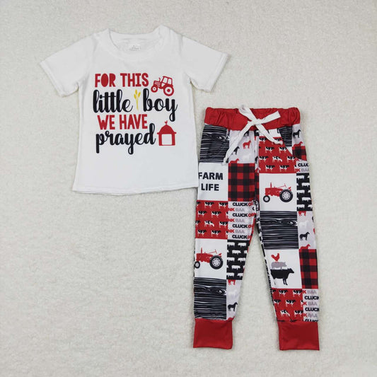 BSPO0171 Farm tractors house animals short sleeve red pants boys set