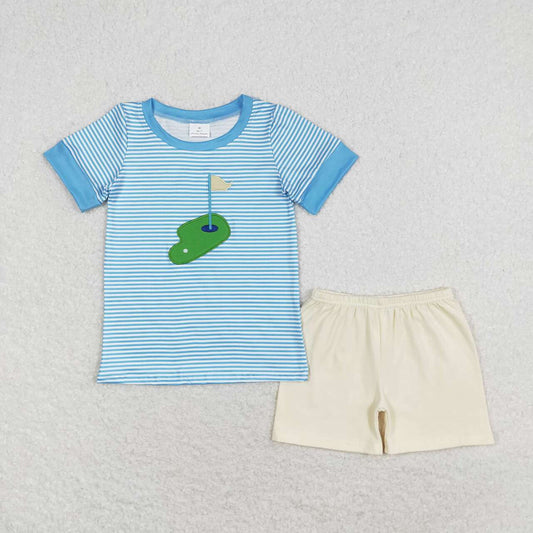 BSSO0592 embroidery Play Golf Blue Striped Short Sleeve White Shorts Boys Set
