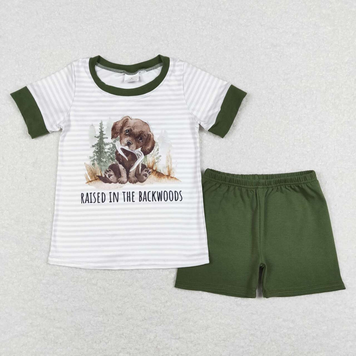 BSSO0376 Raised in the backwoods dog striped short sleeve green shorts boys set