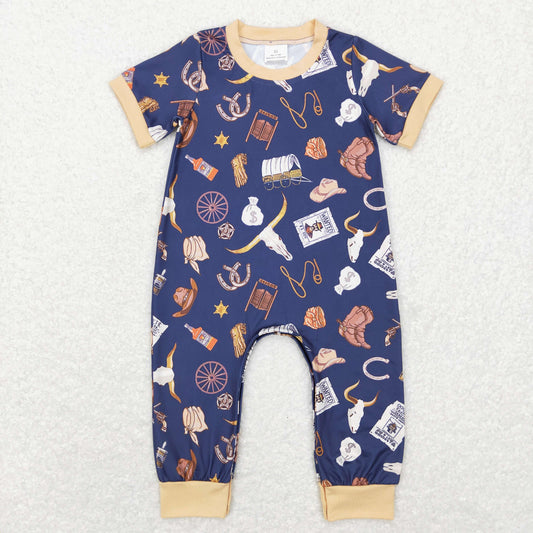 SR0187 Western Cow Hat Boot Navy Short Sleeve Boys Romper