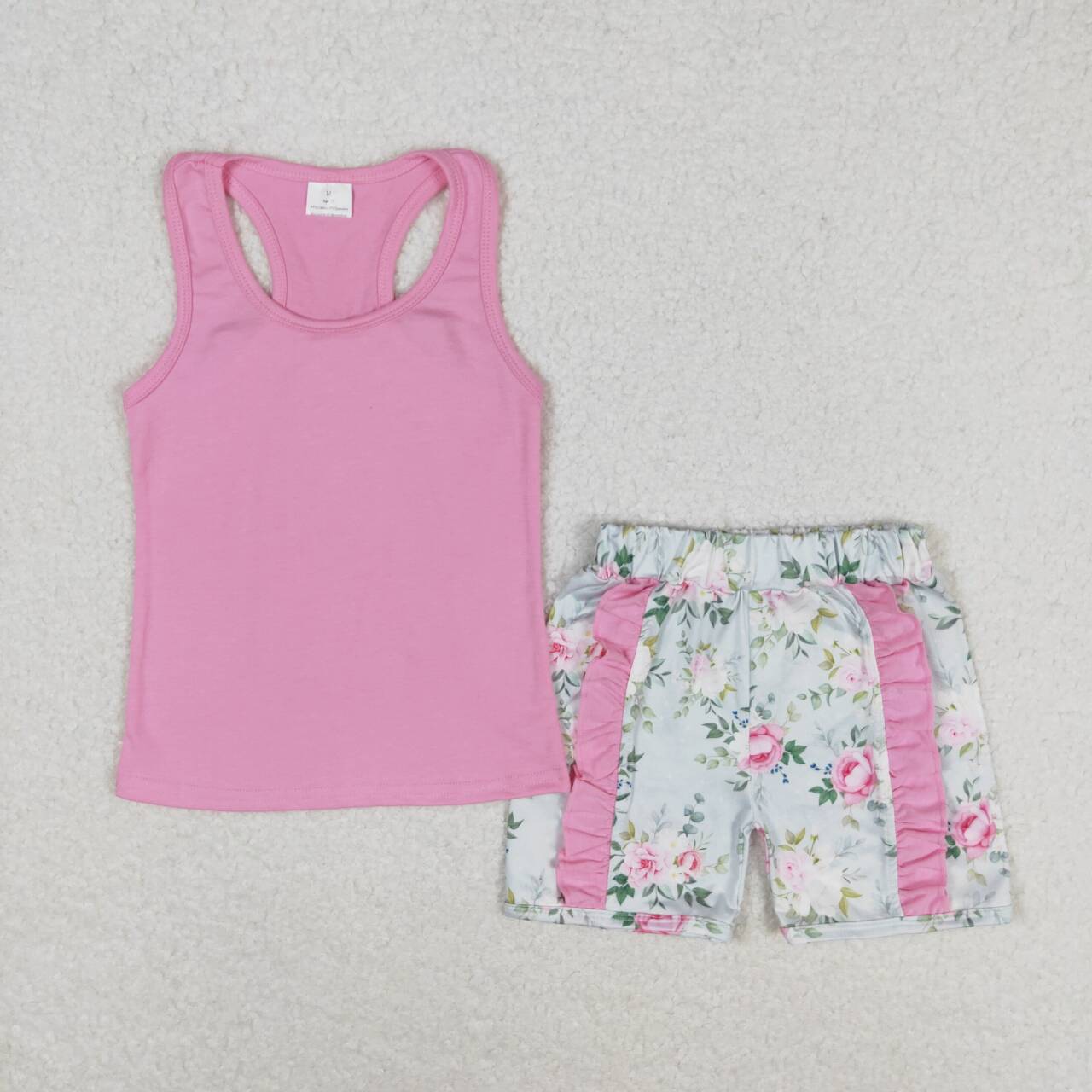 GSSO1059 hot pink sleeveless pink flowers shorts girls set