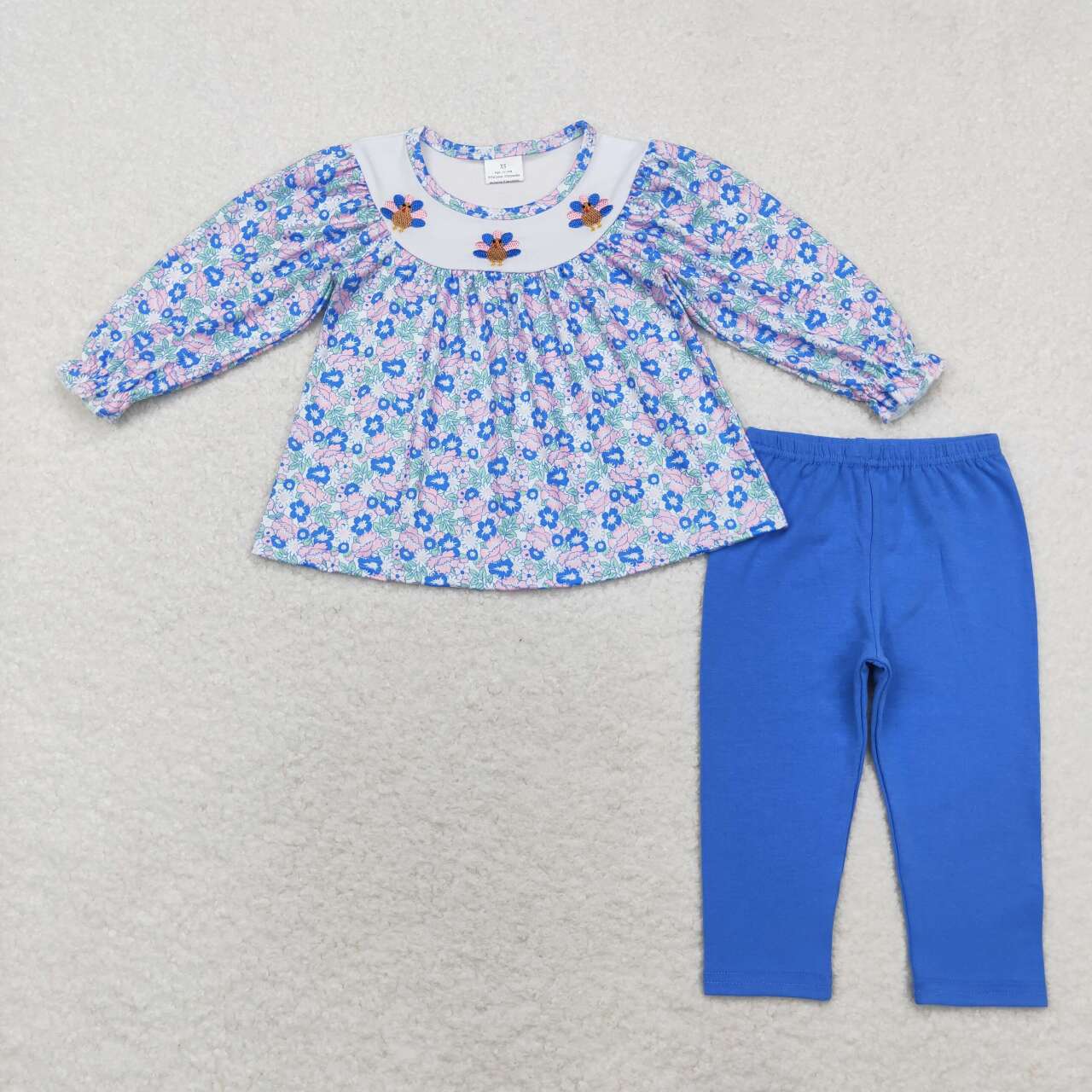 GLP1379 embroidery Thanksgiving turkey flowers blue purple long sleeve blue pants girls set