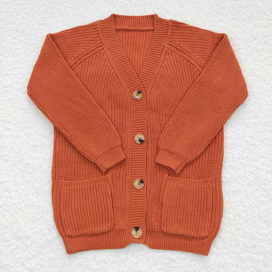 GT0242 Orange pocket long sleeve button up sweater cardigan