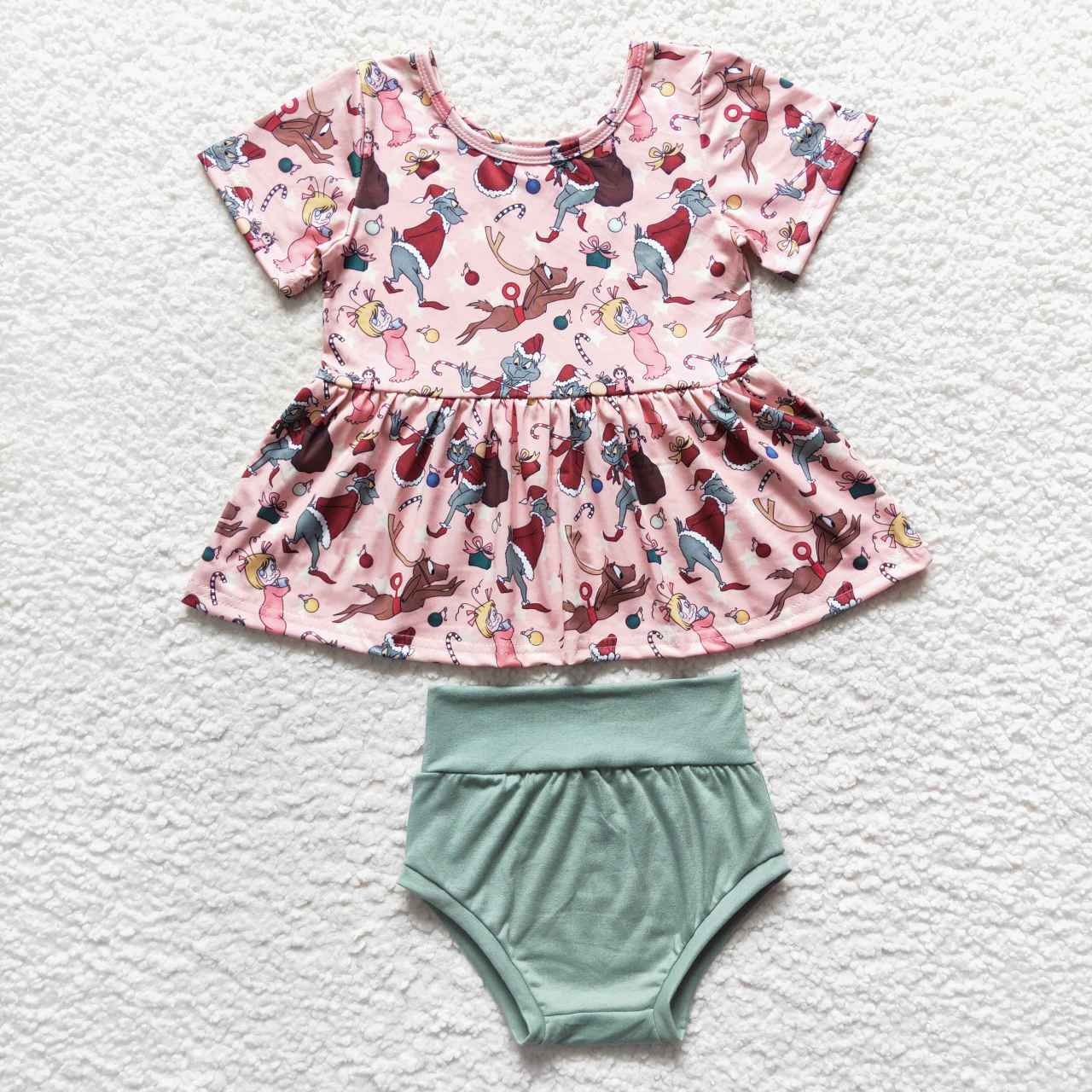 GBO0188 Christmas green face pink short sleeve girls bummies set