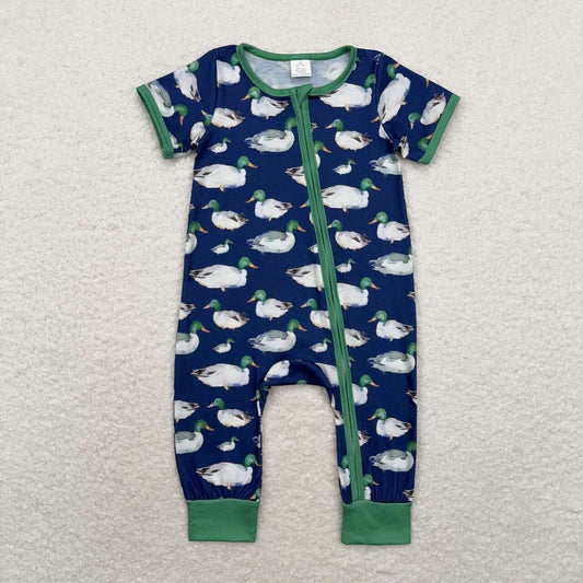 SR1897 bamboo mallard navy blue short sleeve zipper boys romper