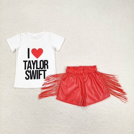 GSSO1030 i love Taylor short sleeve red leather tassels shorts girls set country singer