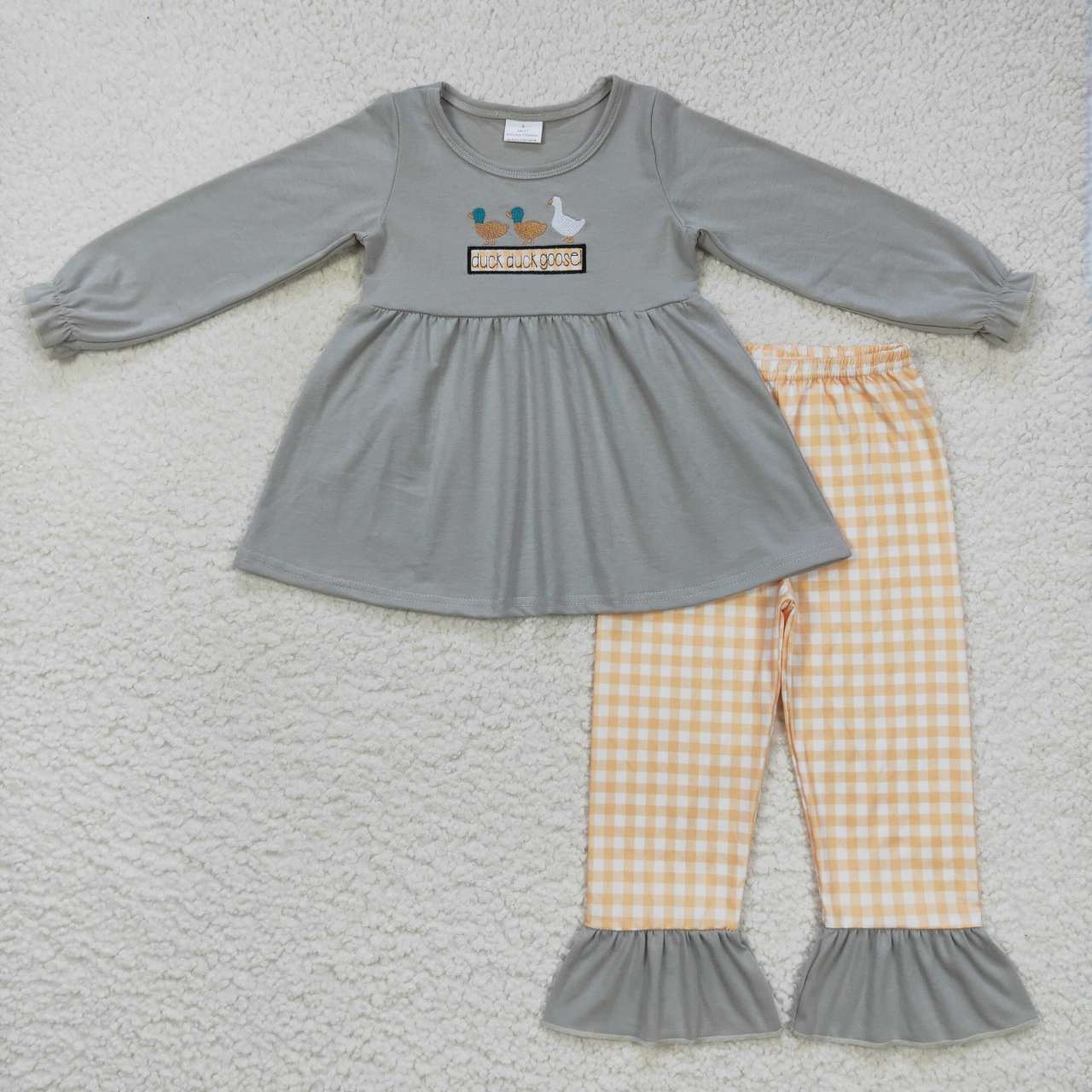 GLP0724 Duck goose grey long sleeve orange striped pants girls set
