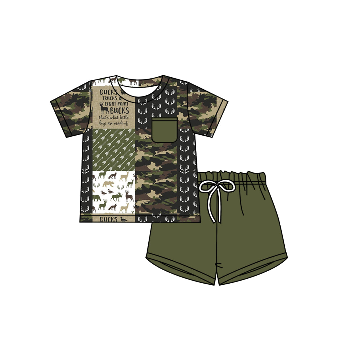 custom S camo hunting deer animals short sleeve green shorts boys set