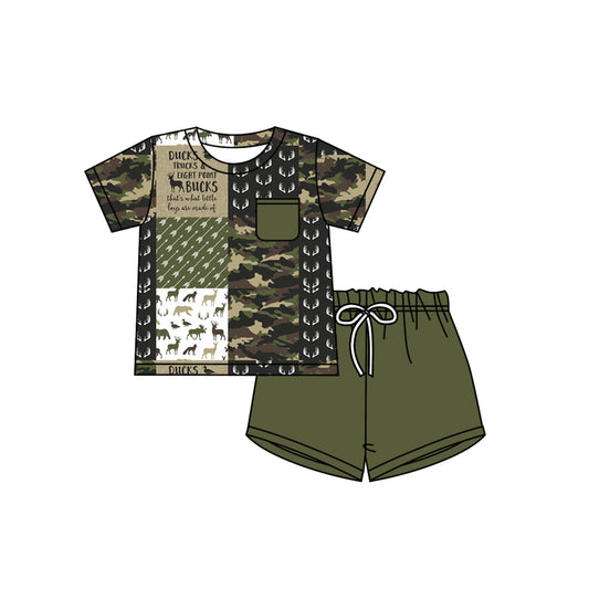 custom S camo hunting deer animals short sleeve green shorts boys set