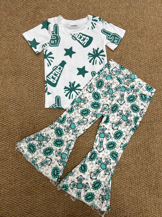 Cheer star green short sleeve Western turquoise cross jeans girls set