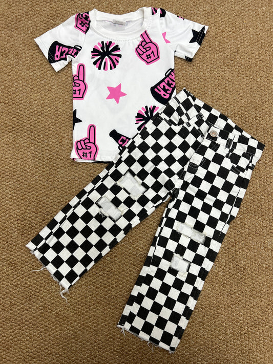 Cheer star hot pink short sleeve black checkered hole jeans girls set