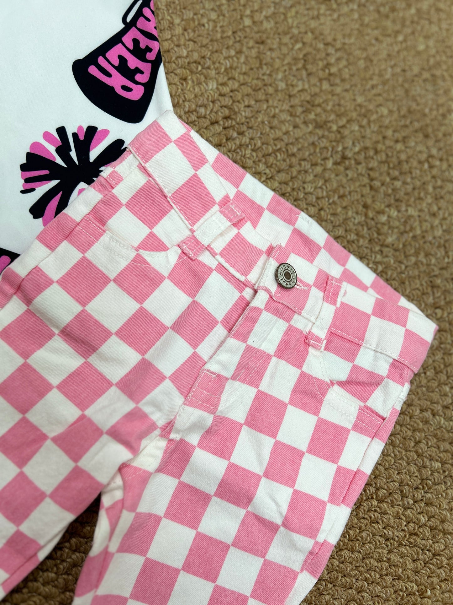 Cheer star hot pink short sleeve pink checkered jeans girls set