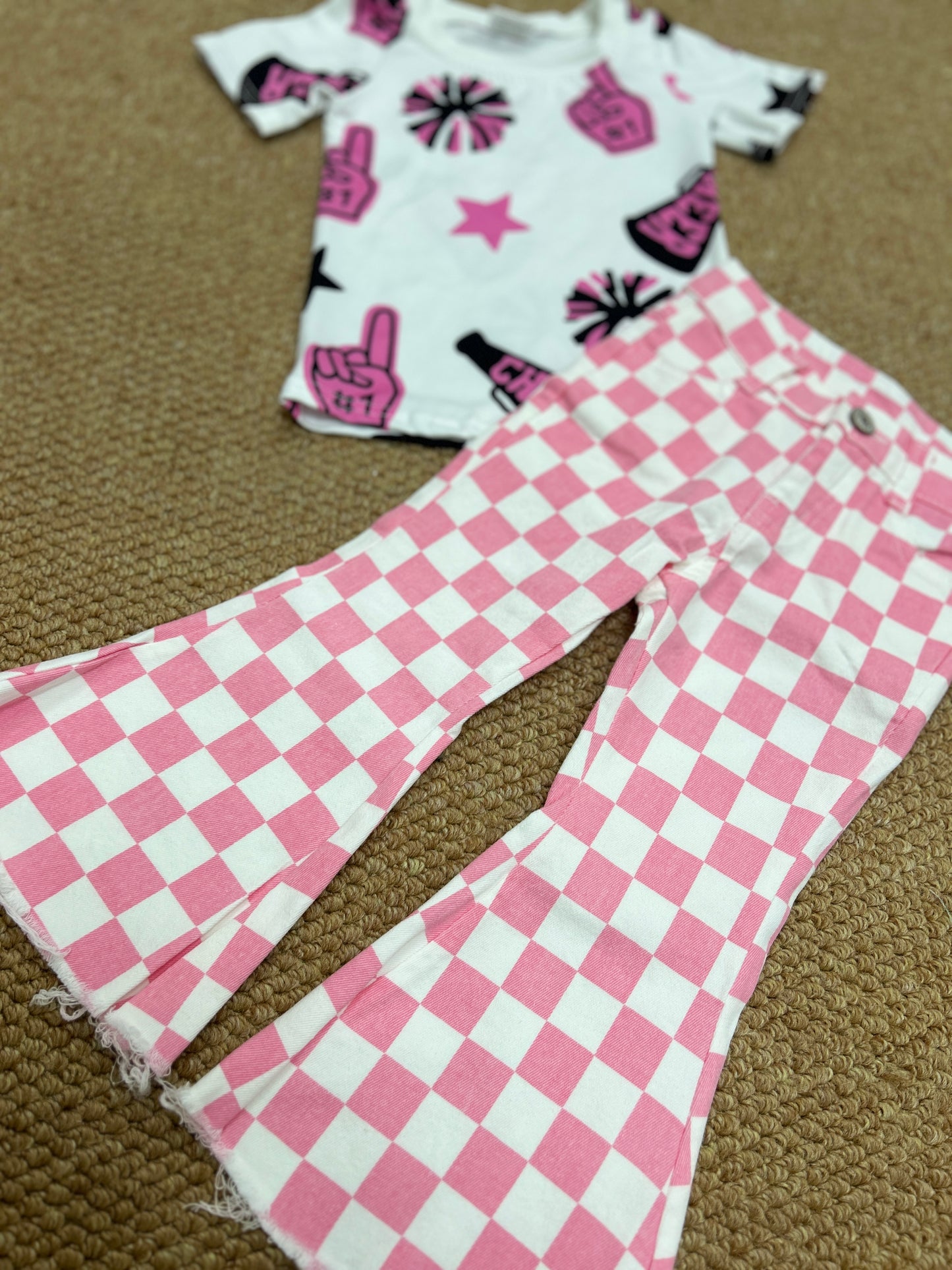 Cheer star hot pink short sleeve pink checkered jeans girls set